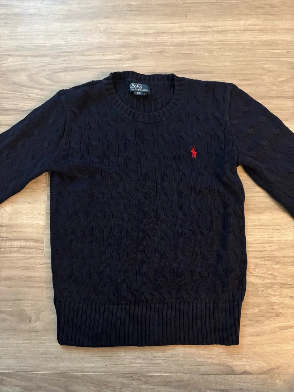 Polo Ralph Lauren Navy Blue Cable-Knit Crewneck Sweater with Red Pony